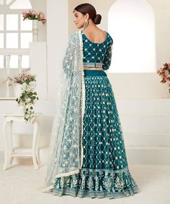 teal green embroidered net lehenga set 2