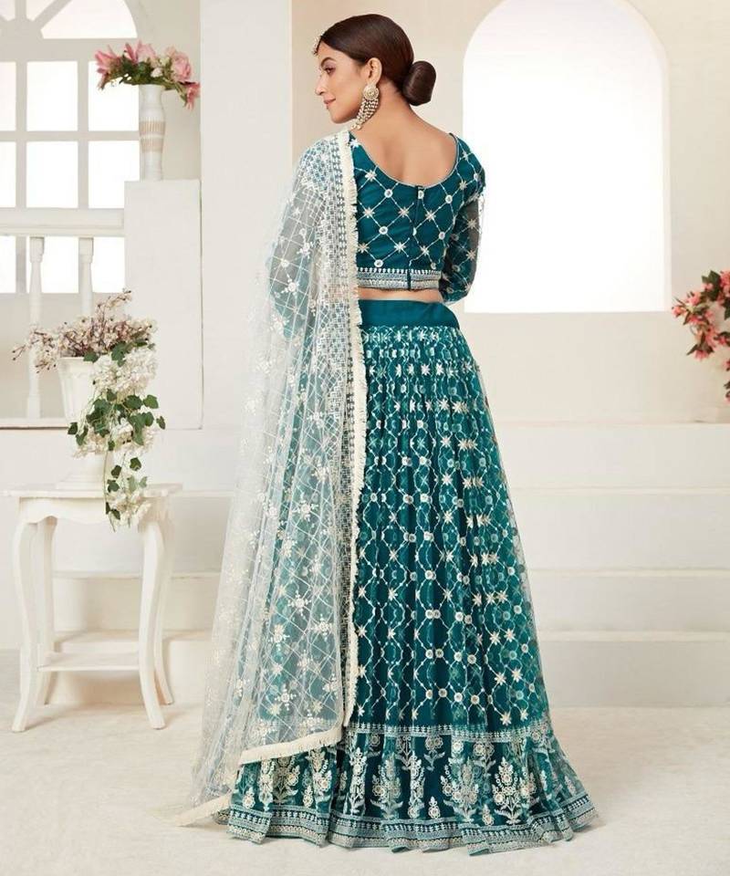 teal green net embroidered Lehenga set