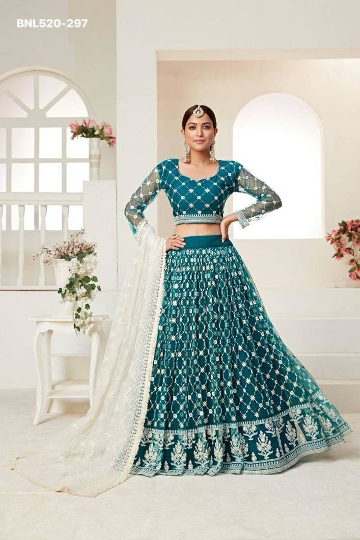 teal green net embroidered Lehenga set