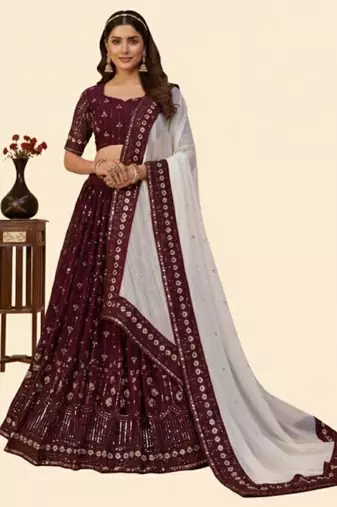 maroon georgette embroidered lehenga choli with dupatta