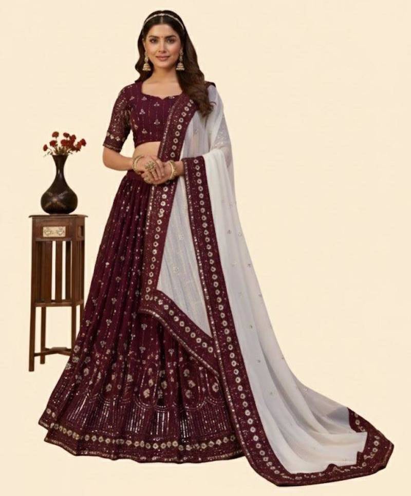 maroon georgette embroidered lehengas