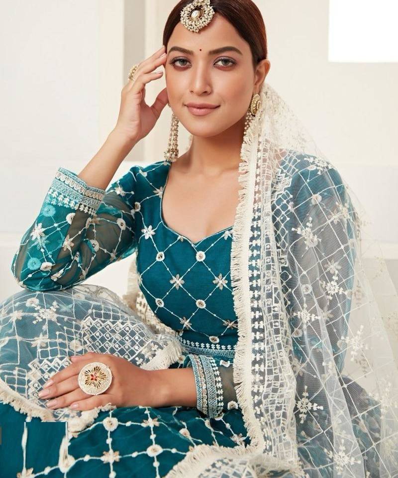 teal green net embroidered Lehenga set