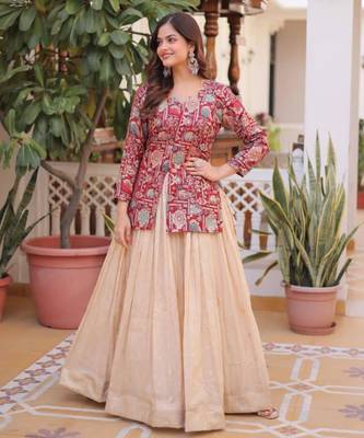 cream jacquard lehenga with printed peplum top 1