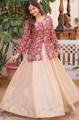 cream jacquard lehenga with printed peplum top