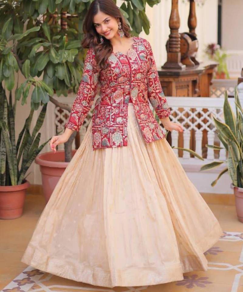 cream jacquard plain lehengas