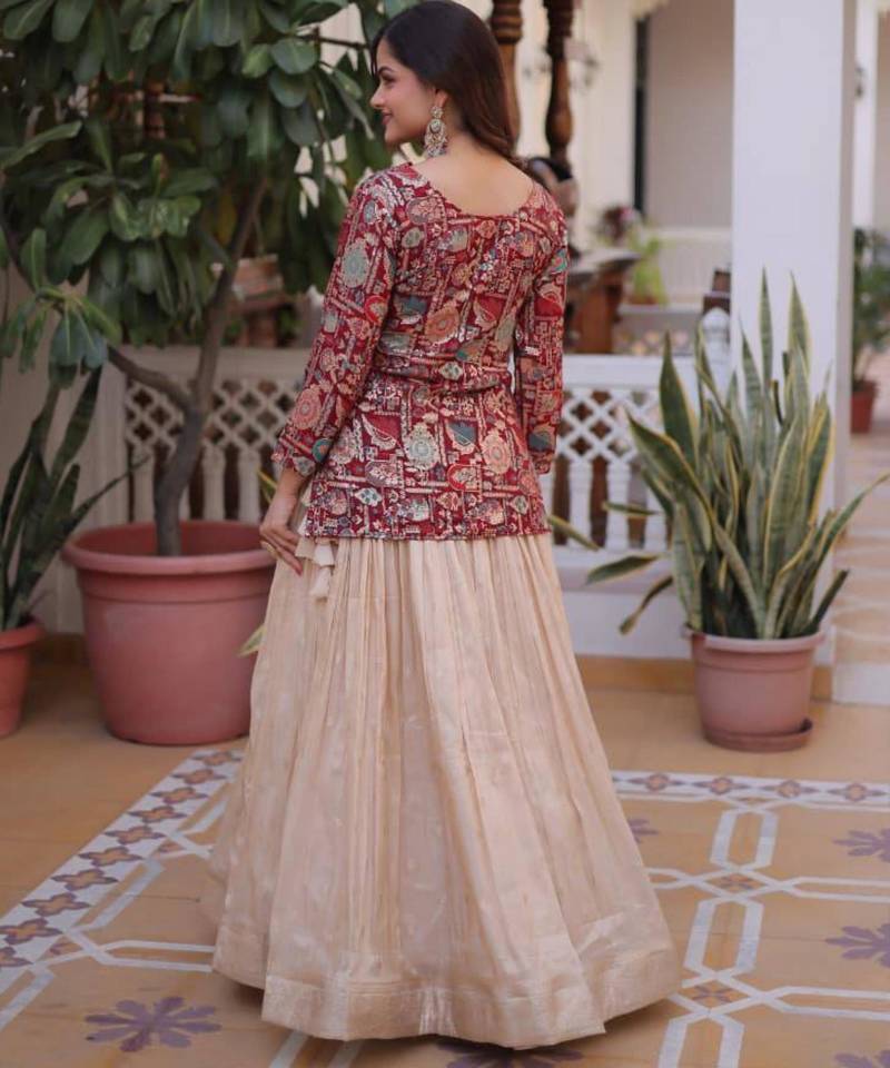 cream jacquard plain lehengas