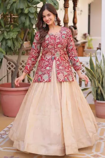 cream jacquard lehenga with printed peplum top