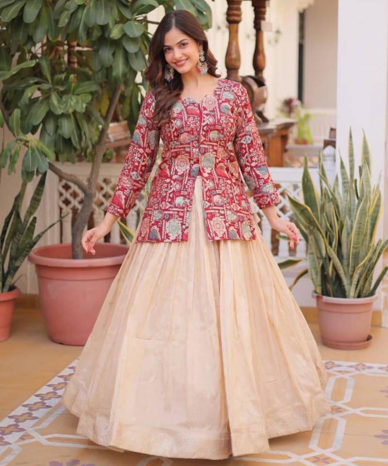 cream jacquard plain lehengas