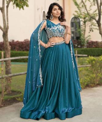 teal blue plain silk blend lehenga set 1