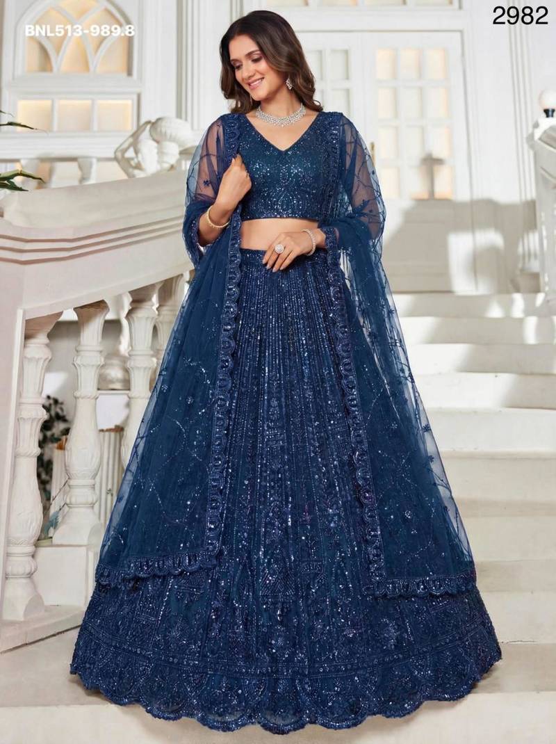 teal blue net embroidered Lehenga set