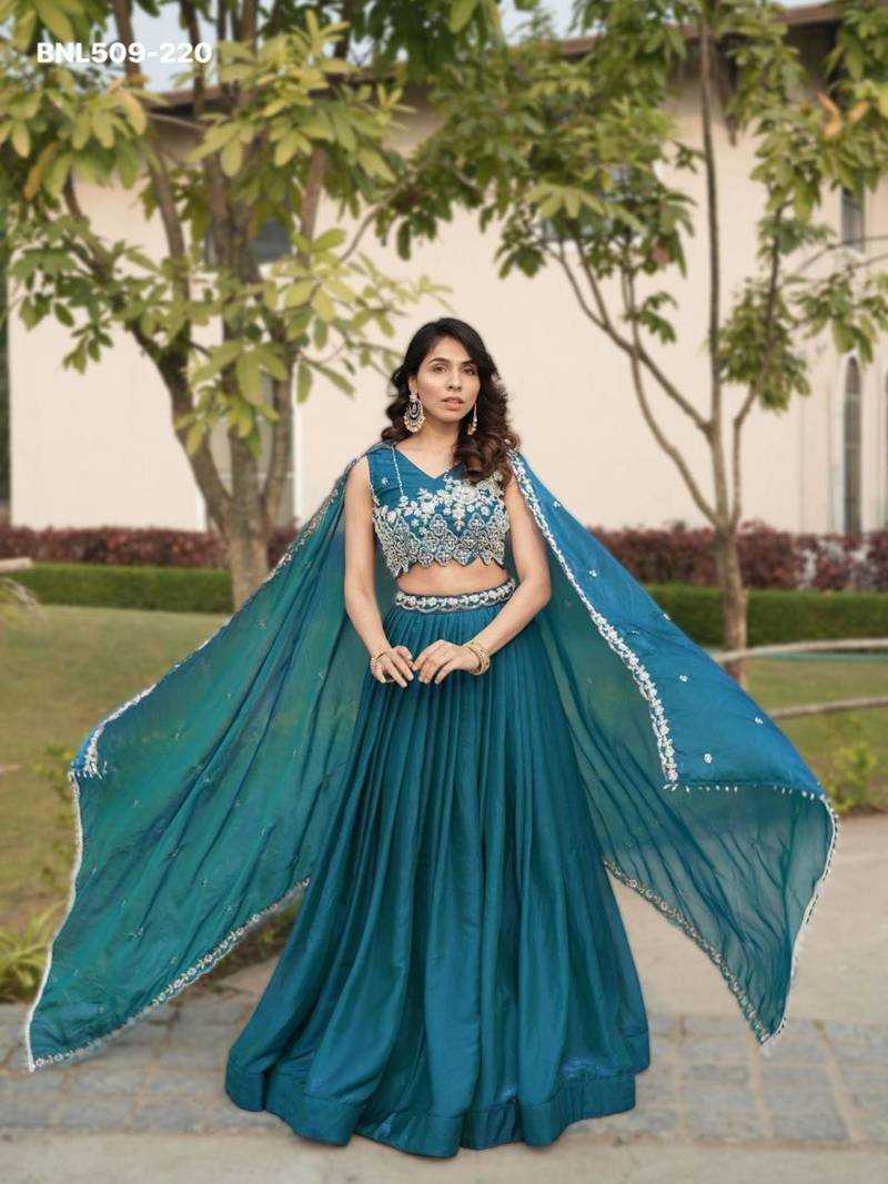 teal blue silk blend plain Lehenga set