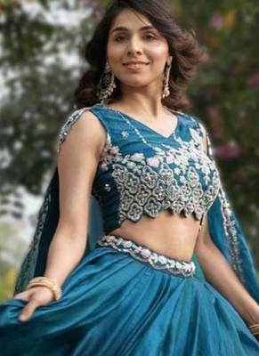 teal blue plain silk blend lehenga set 3