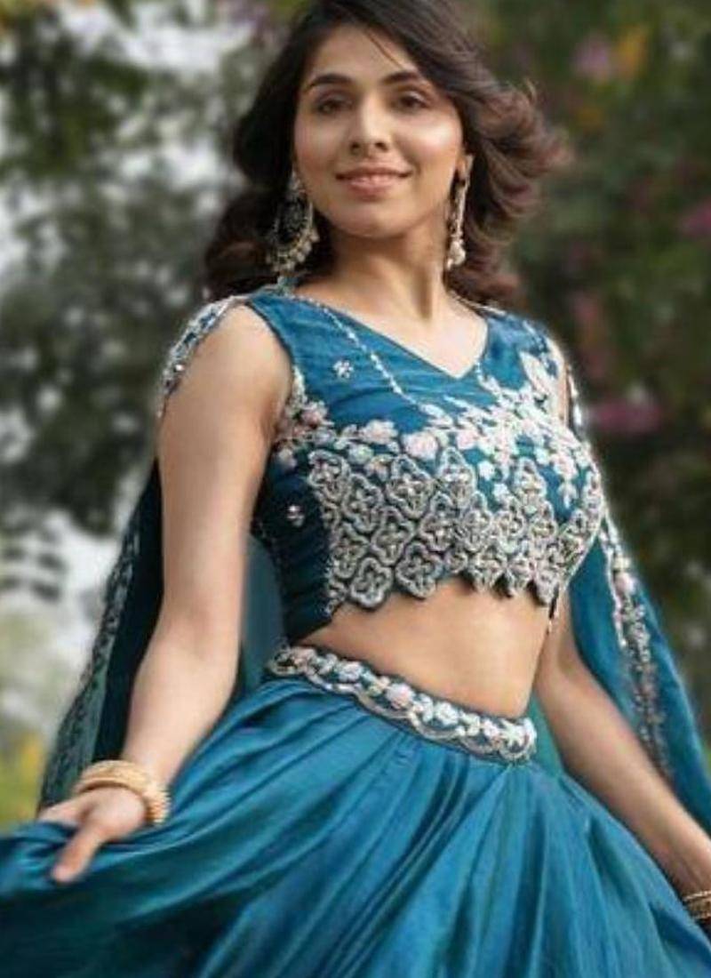 teal blue silk blend plain Lehenga set