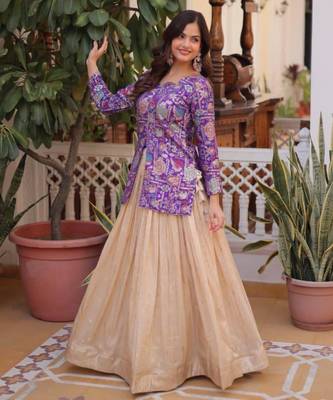 cream jacquard lehenga with purple printed peplum top 4