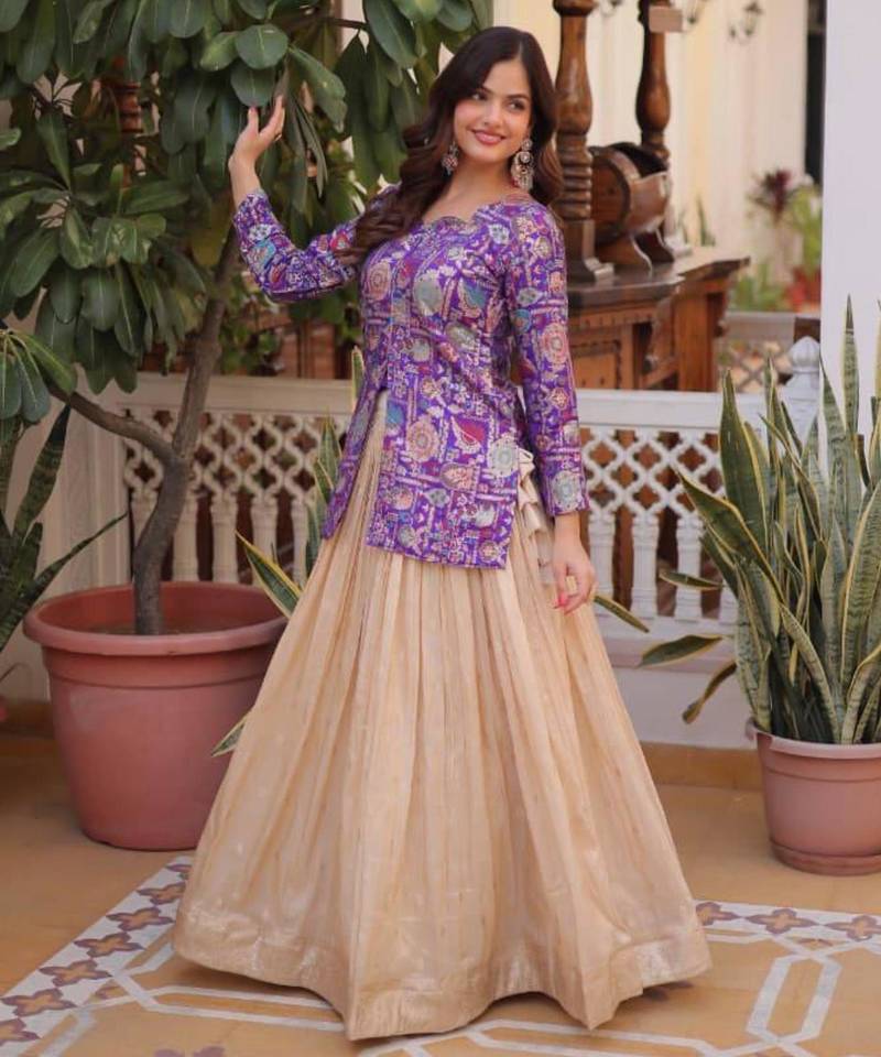 cream jacquard plain lehengas