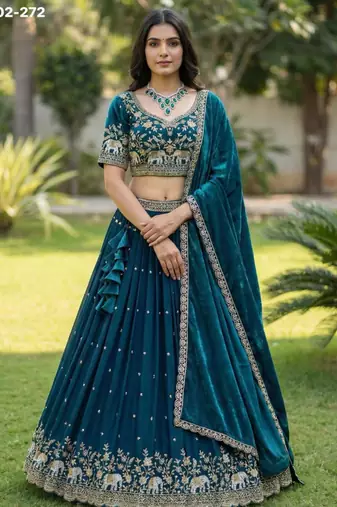 teal-blue silk_blend embroidered lehengas