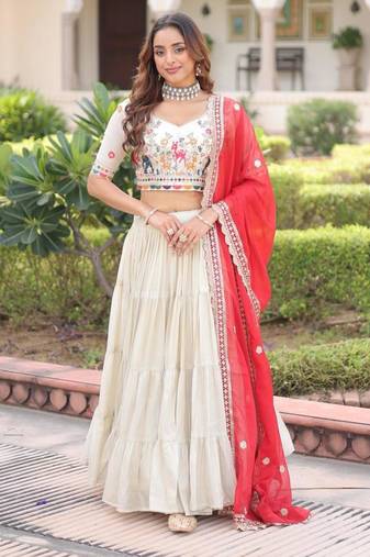 off white motif embroidered silk lehenga set