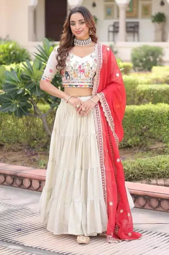 off-white silk embroidered lehengas