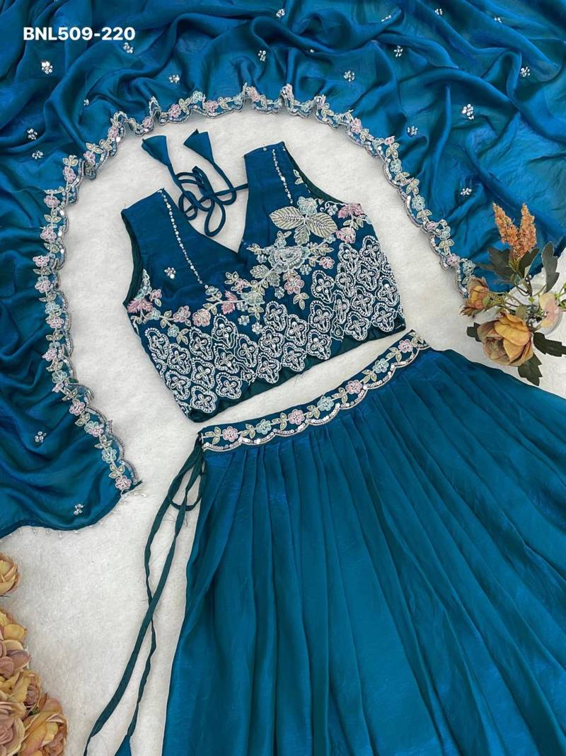 teal blue silk blend plain Lehenga set