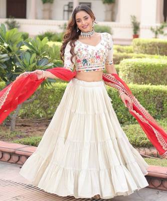 off white silk embroidered lehenga with red dupatta 2