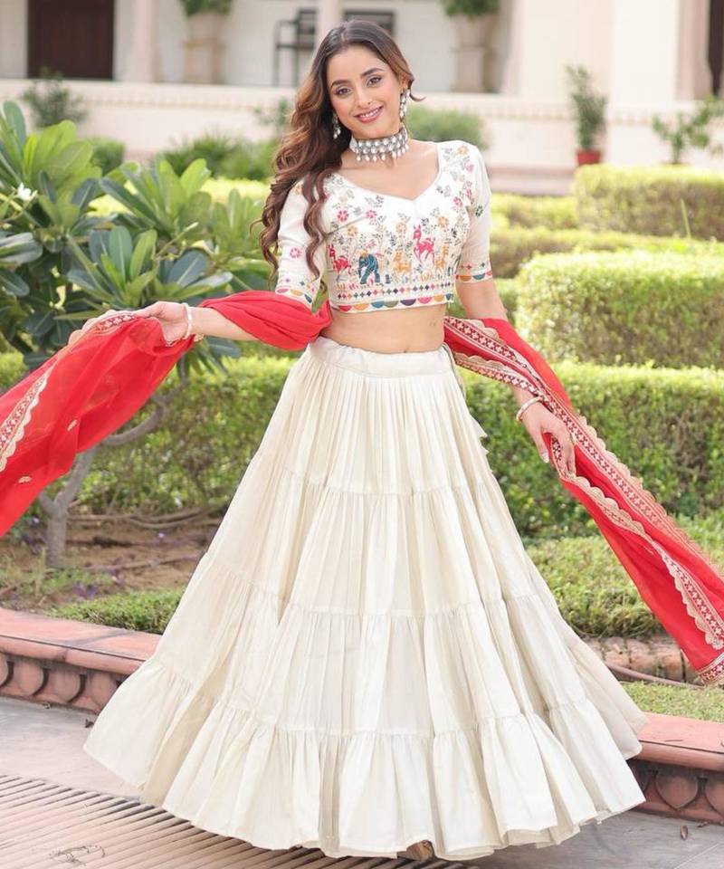 off-white silk embroidered lehengas