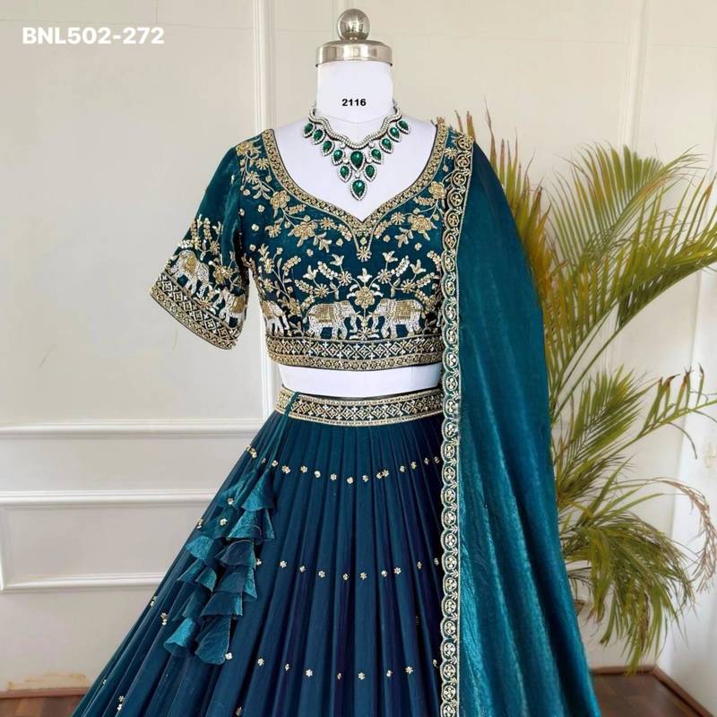 teal-blue silk_blend embroidered lehengas