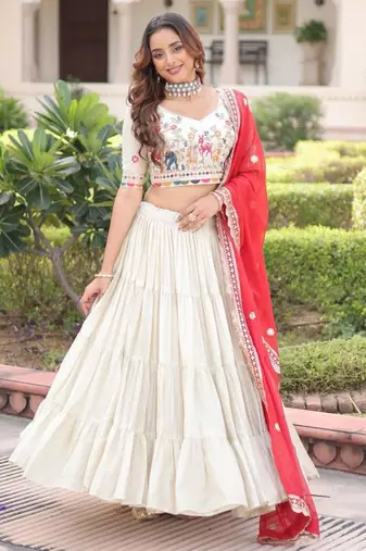 off white silk embroidered lehenga with red dupatta