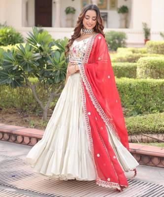off white silk embroidered lehenga with red dupatta 4