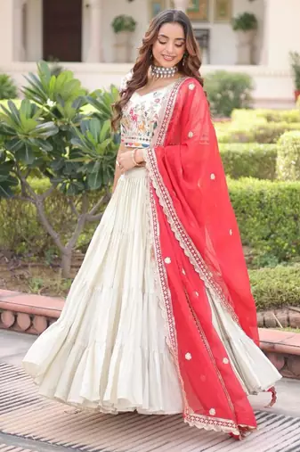 off white silk embroidered lehenga with red dupatta