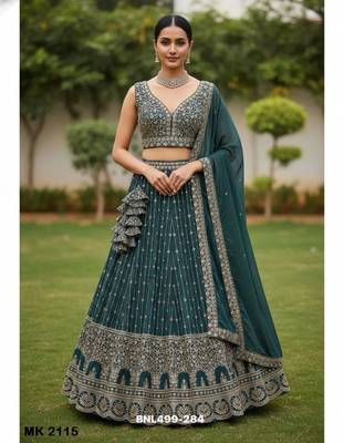 teal blue embroidered georgette lehenga 1