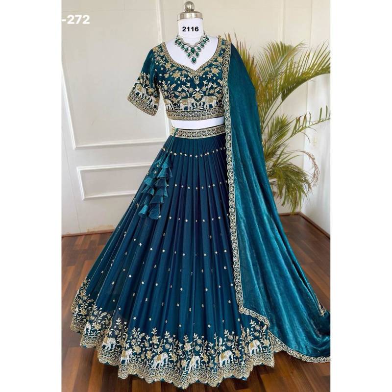 teal-blue silk_blend embroidered lehengas