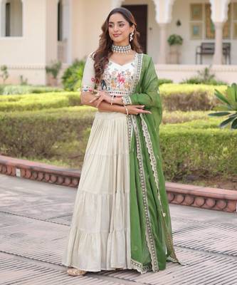 off white silk embroidered lehenga with green dupatta 1