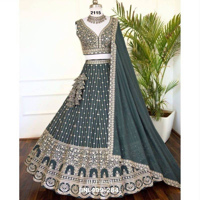 teal-blue georgette embroidered lehengas