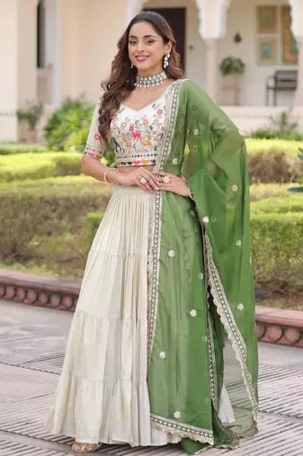 off white silk embroidered lehenga with green dupatta