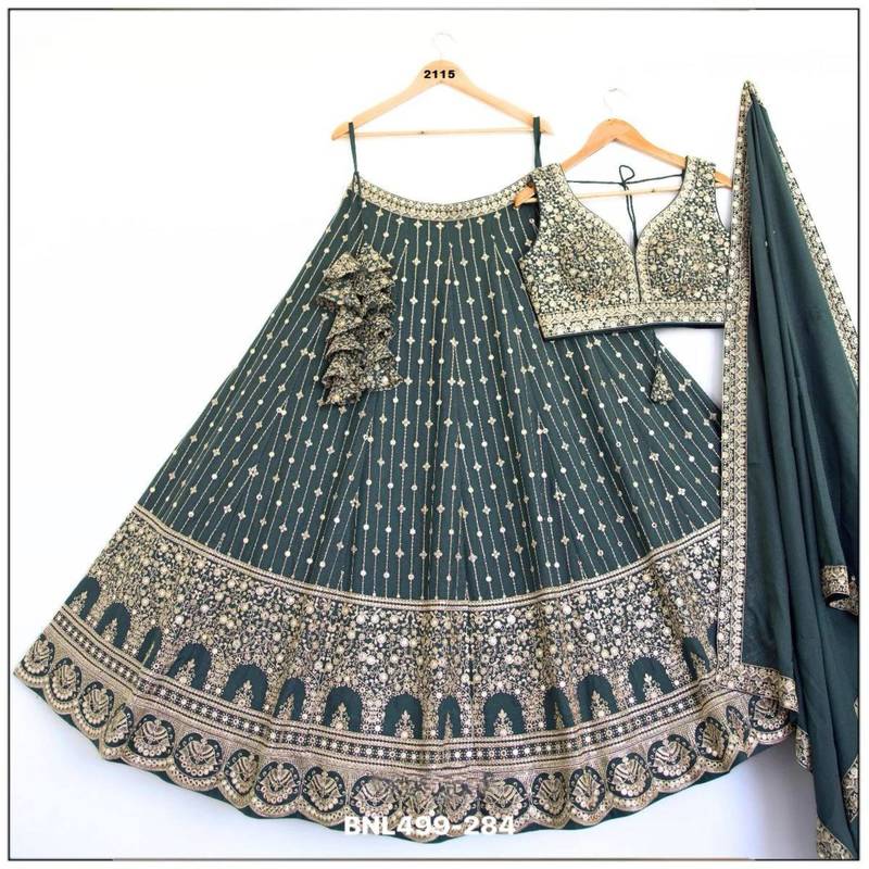 teal-blue georgette embroidered lehengas