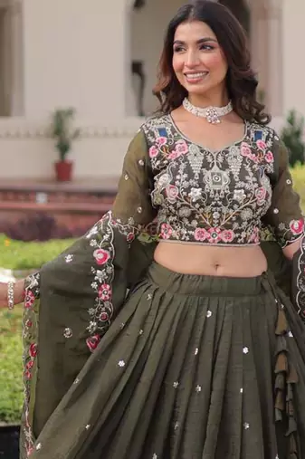 Mehendi green georgette embroidered lehengas
