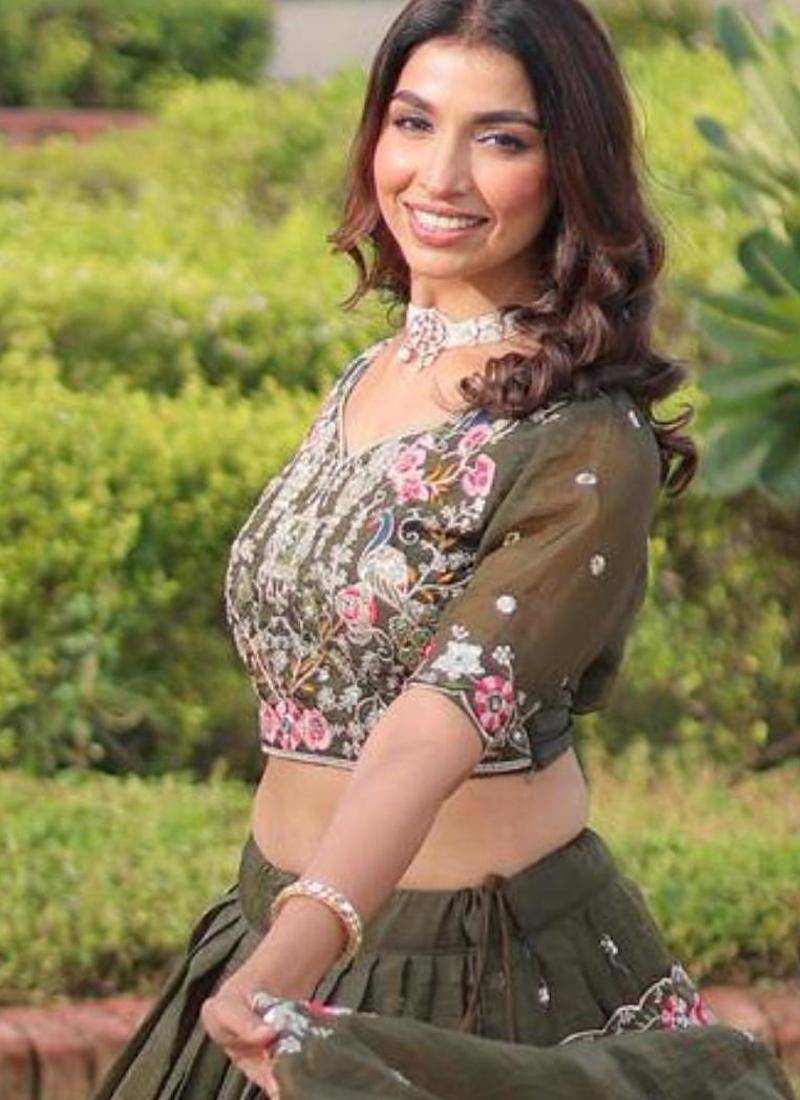 Mehendi green georgette embroidered lehengas