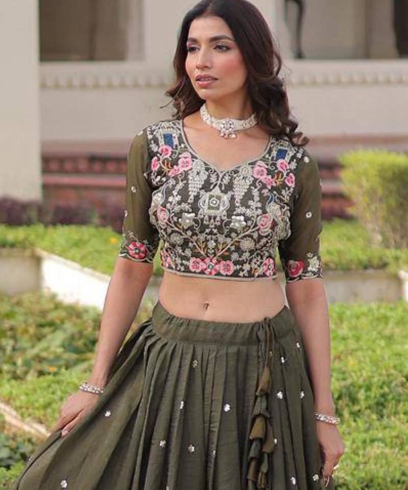 Mehendi green georgette embroidered lehengas