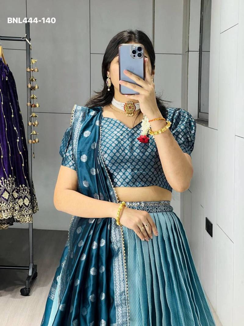 teal-blue silk_blend brasso lehengas