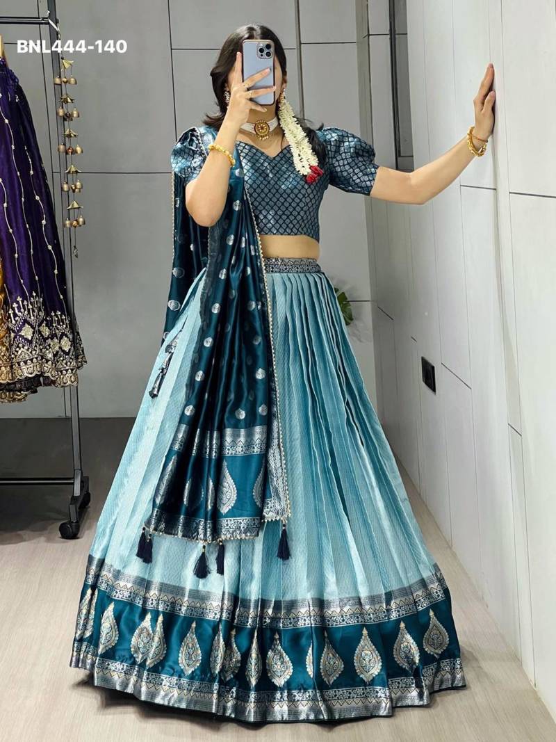teal-blue silk_blend brasso lehengas