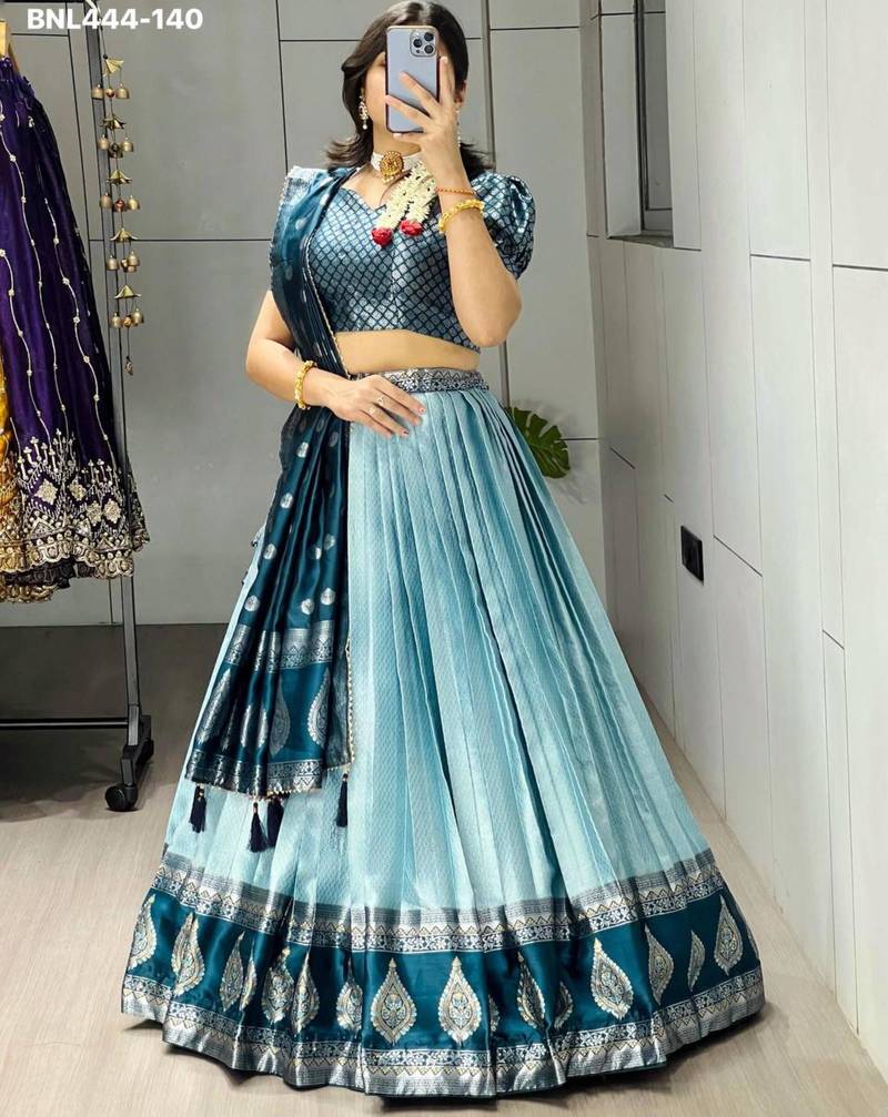 teal-blue silk_blend brasso lehengas