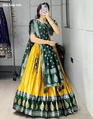 mustard silk blend brasso lehenga choli with green dupatta 2