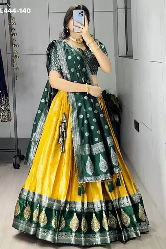 mustard silk blend brasso lehenga choli with green dupatta