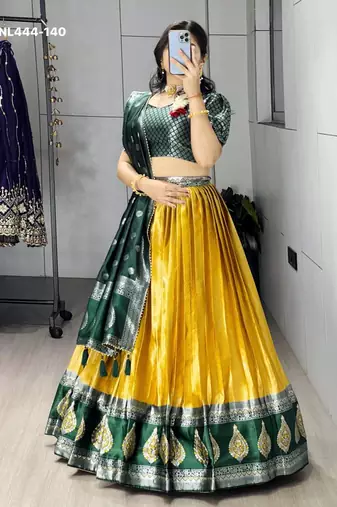mustard silk blend brasso lehenga choli with green dupatta