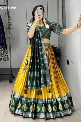 mustard silk blend brasso lehenga choli with green dupatta