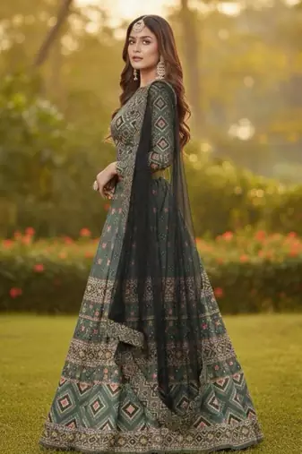 green ajmeri silk printed lehengas choli