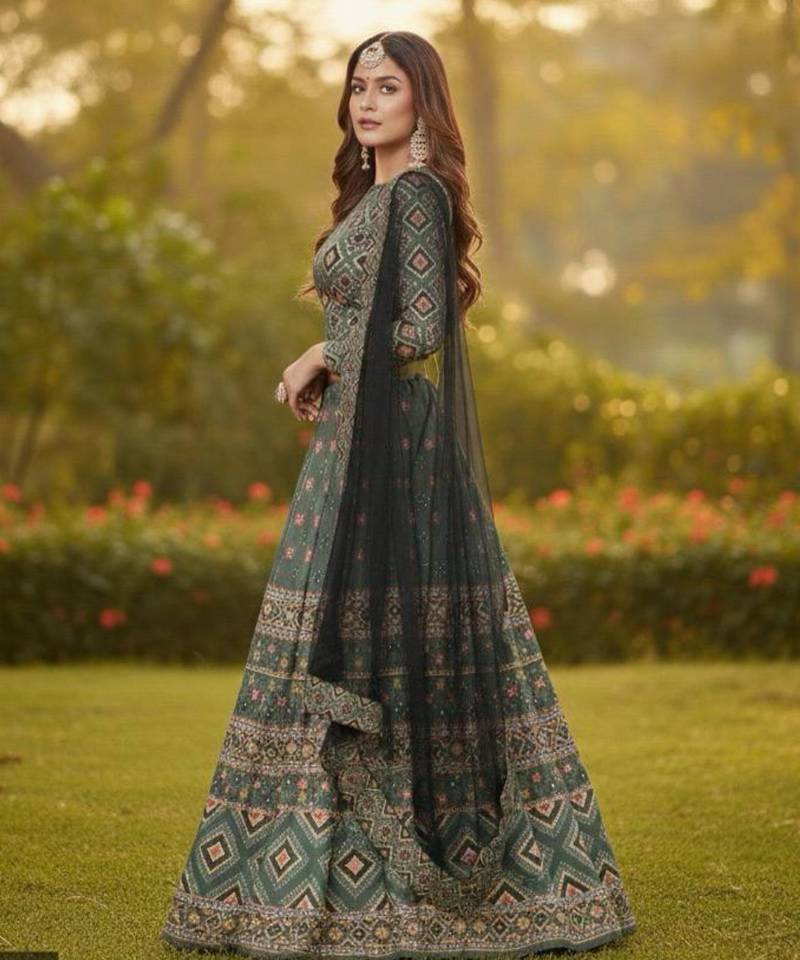 green ajmeri_silk printed lehengas