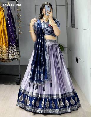 light lavender silk blend brasso lehenga choli with navy blue dupatta 1