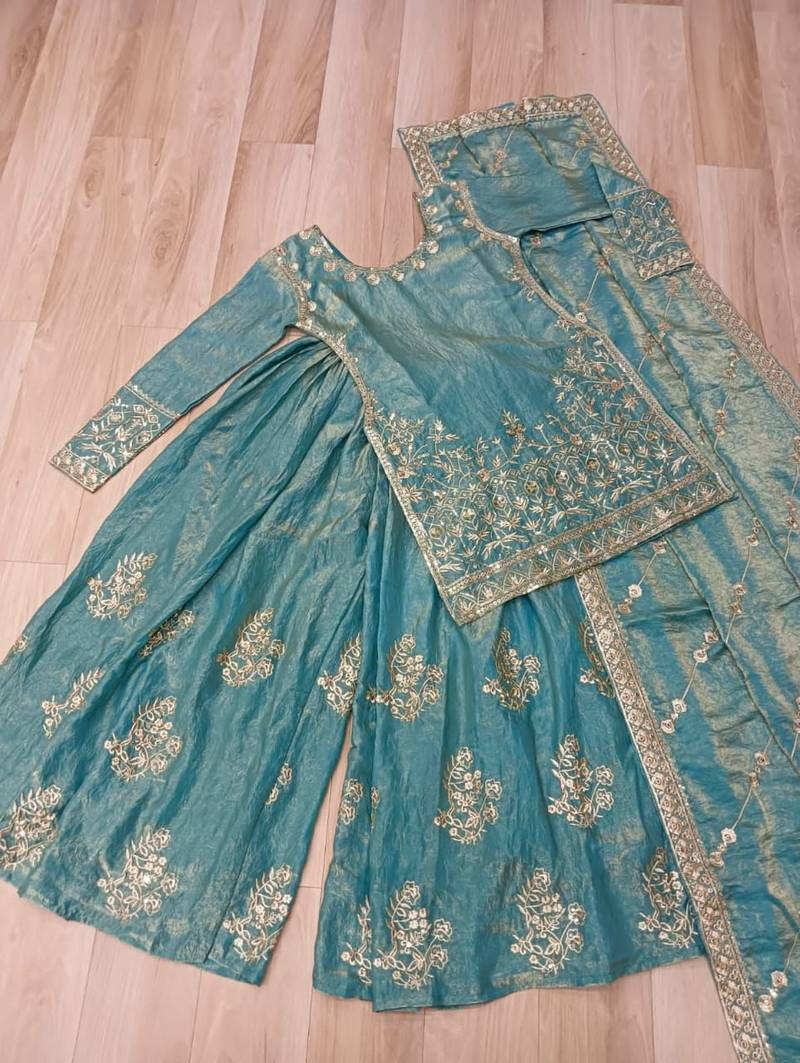 Sky blue embroidered fendi crush designer sharara set with dupatta