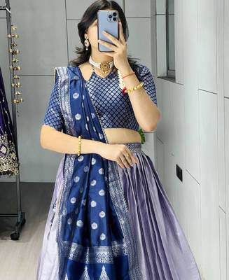 light lavender silk blend brasso lehenga choli with navy blue dupatta 3